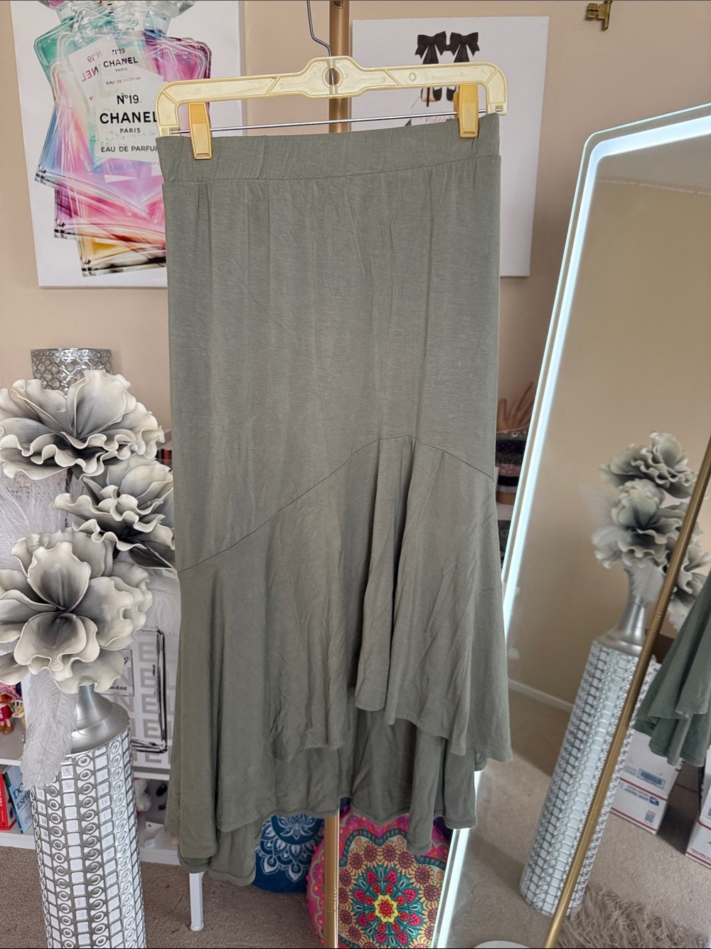 Ava & Viv Olive Green High-Low Ruffle Maxi Skirt